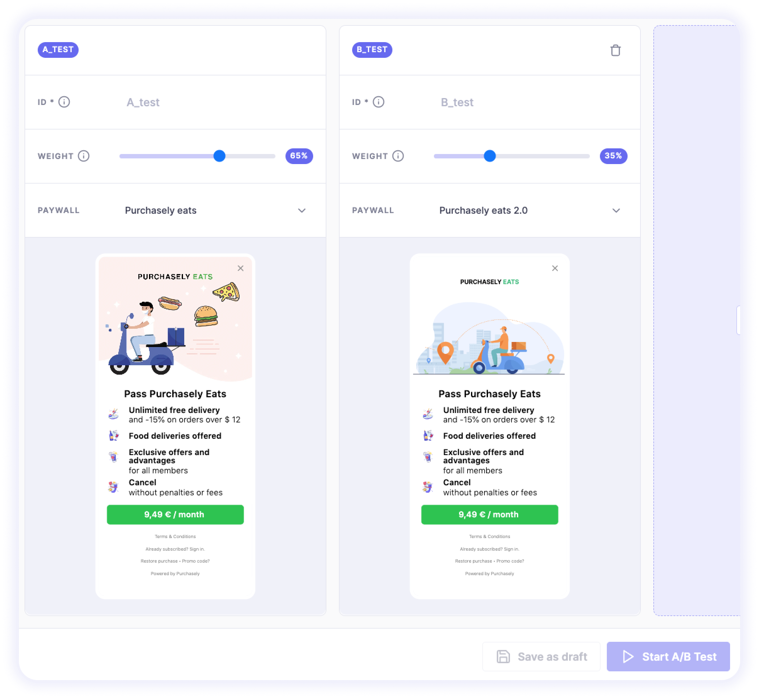 2 variants tested on Purchasely console