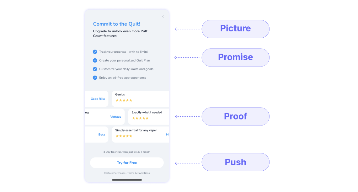 Purchasely blog - Copywriting framework 4 Ps (PuffCount example)